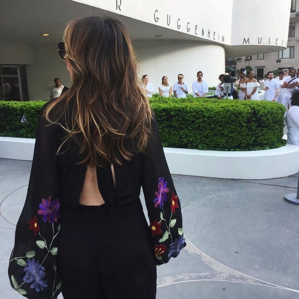 Free People Black Boot Cut Jumpsuit with Floral Embroidered Sleeves